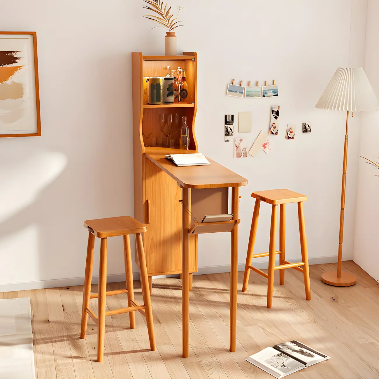 Scandinavian Natural Cherry Wood Storage Bar Tables Image - 3 | homeyfad