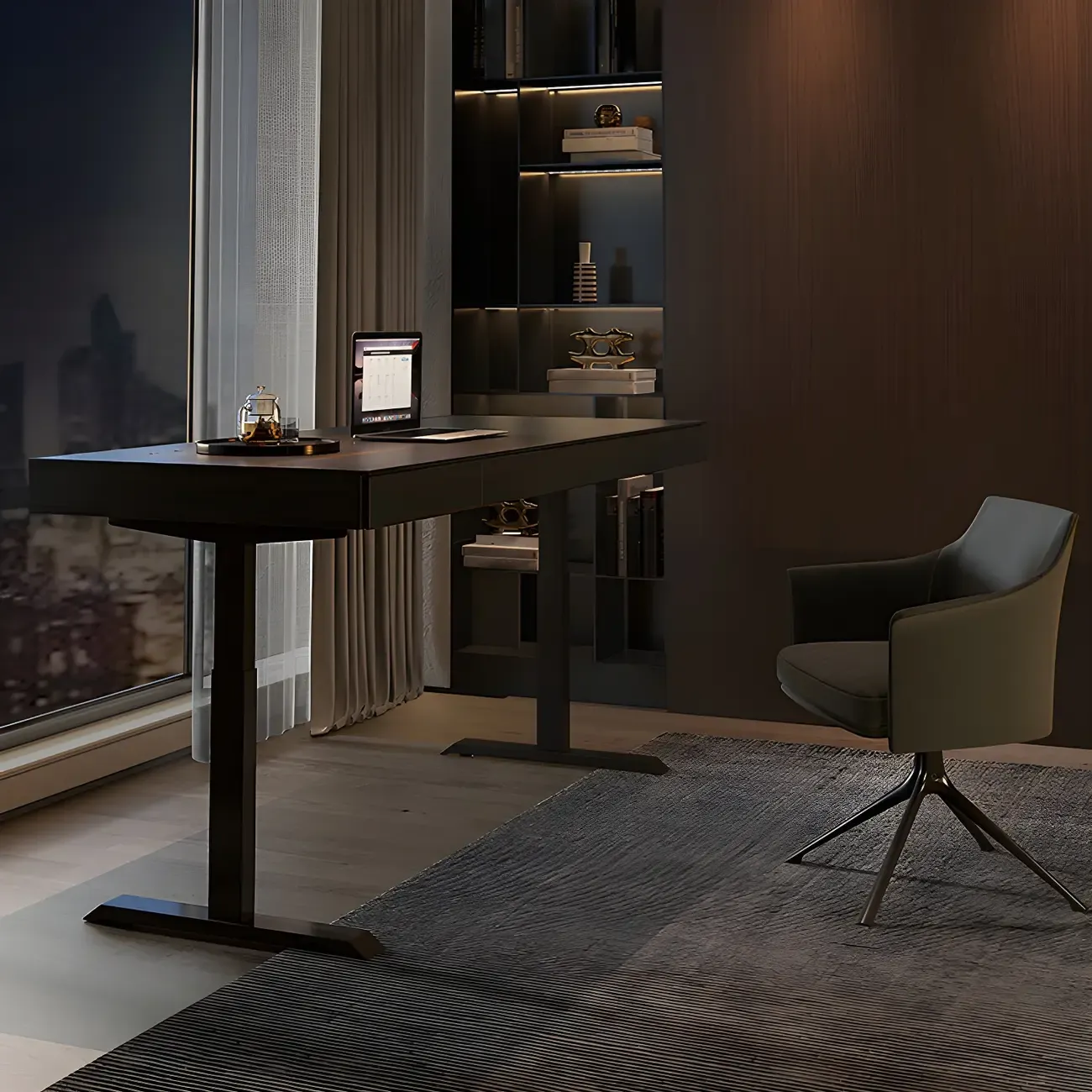 Glam Black Wooden Adjustable Standing Office Desk with Drawers Image - 3