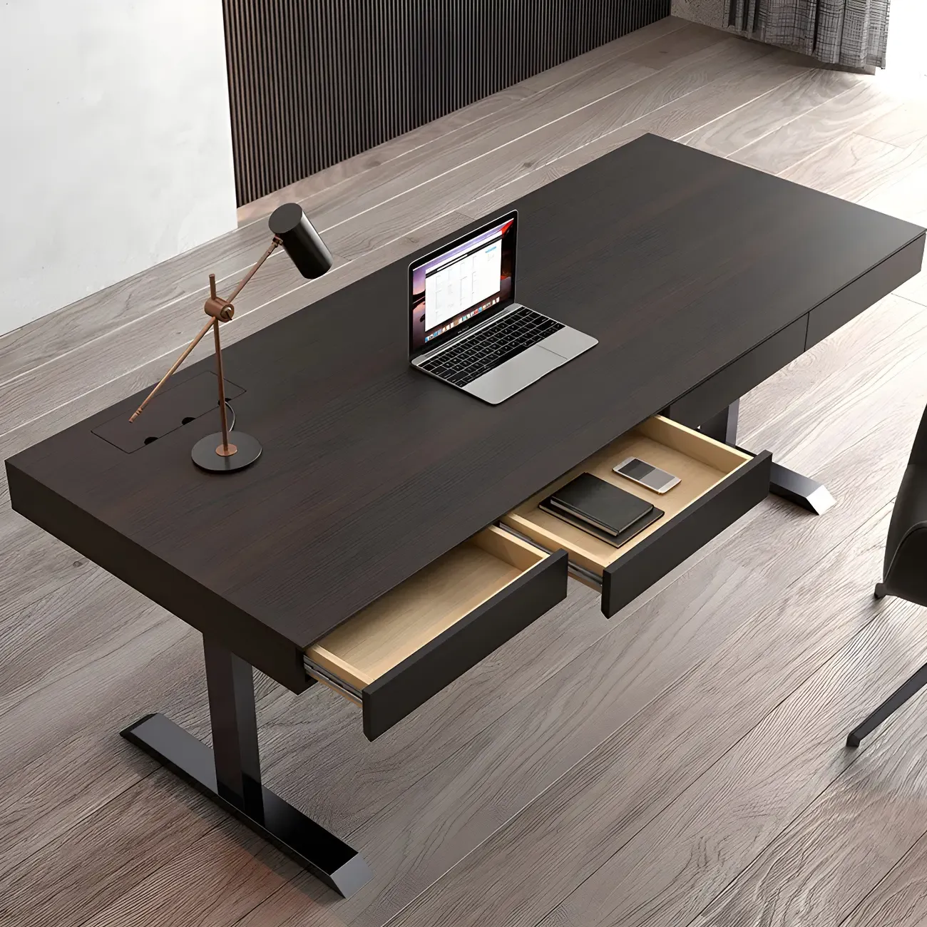 Glam Black Wooden Adjustable Standing Office Desk with Drawers Image - 5