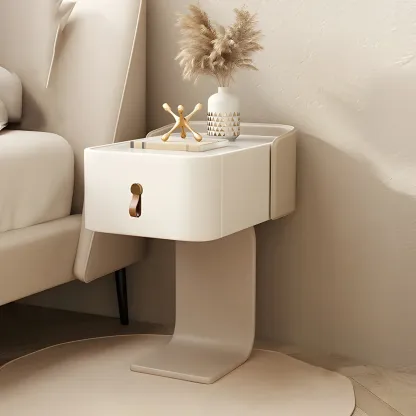 Khaki Stone Top Wood C-Shaped Nightstand with Drawer Image - 1