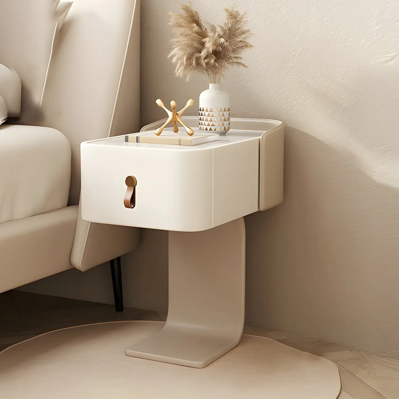 Khaki Stone Top Wood C-Shaped Nightstand with Drawer Image - 2 | homeyfad