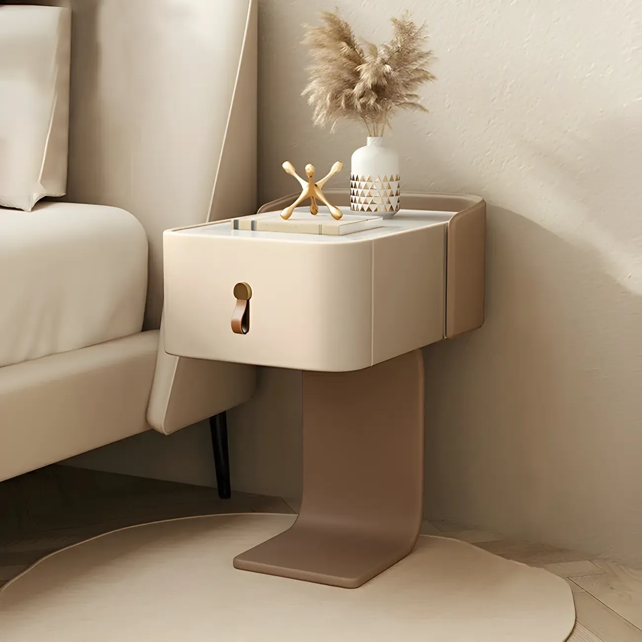 Khaki Stone Top Wood C-Shaped Nightstand with Drawer Image - 4