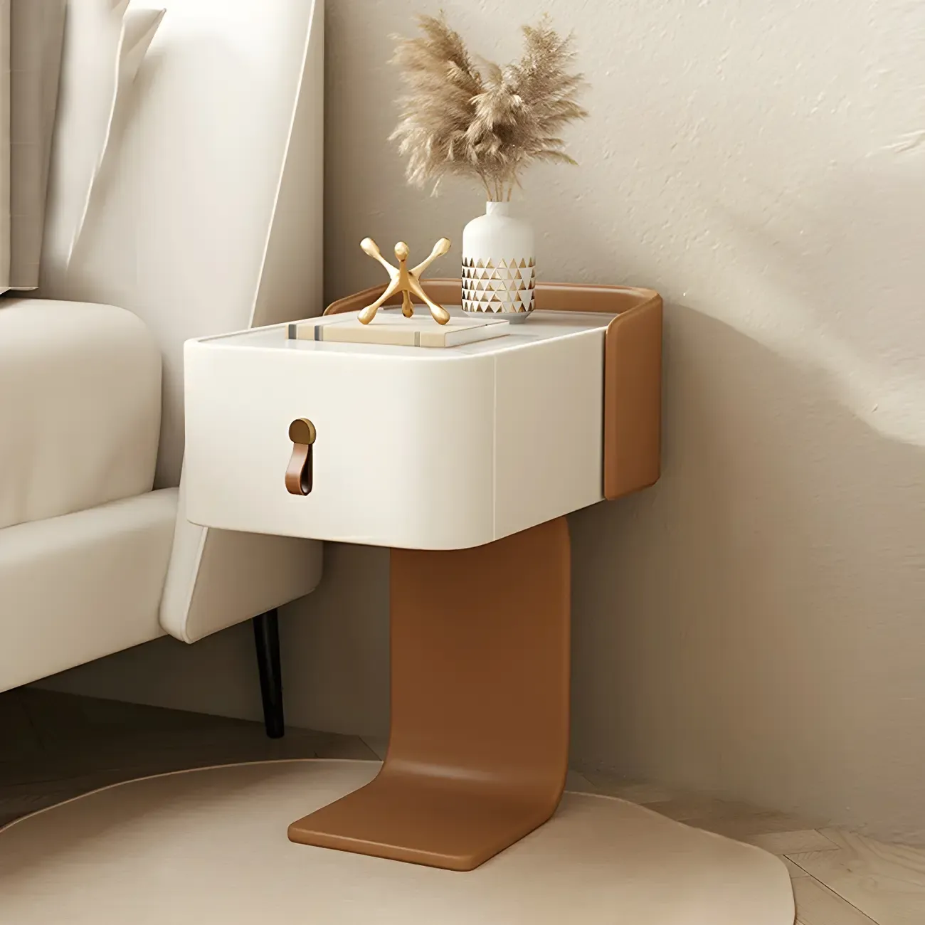 Khaki Stone Top Wood C-Shaped Nightstand with Drawer Image - 5