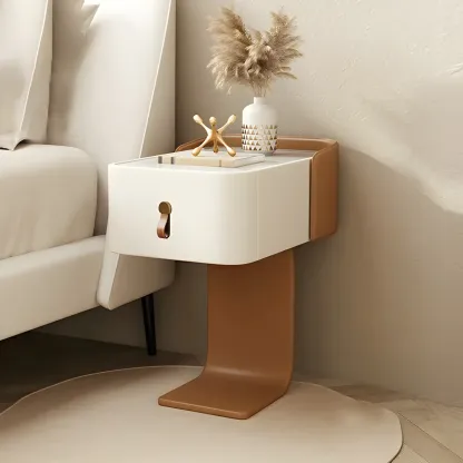 Khaki Stone Top Wood C-Shaped Nightstand with Drawer Image - 6