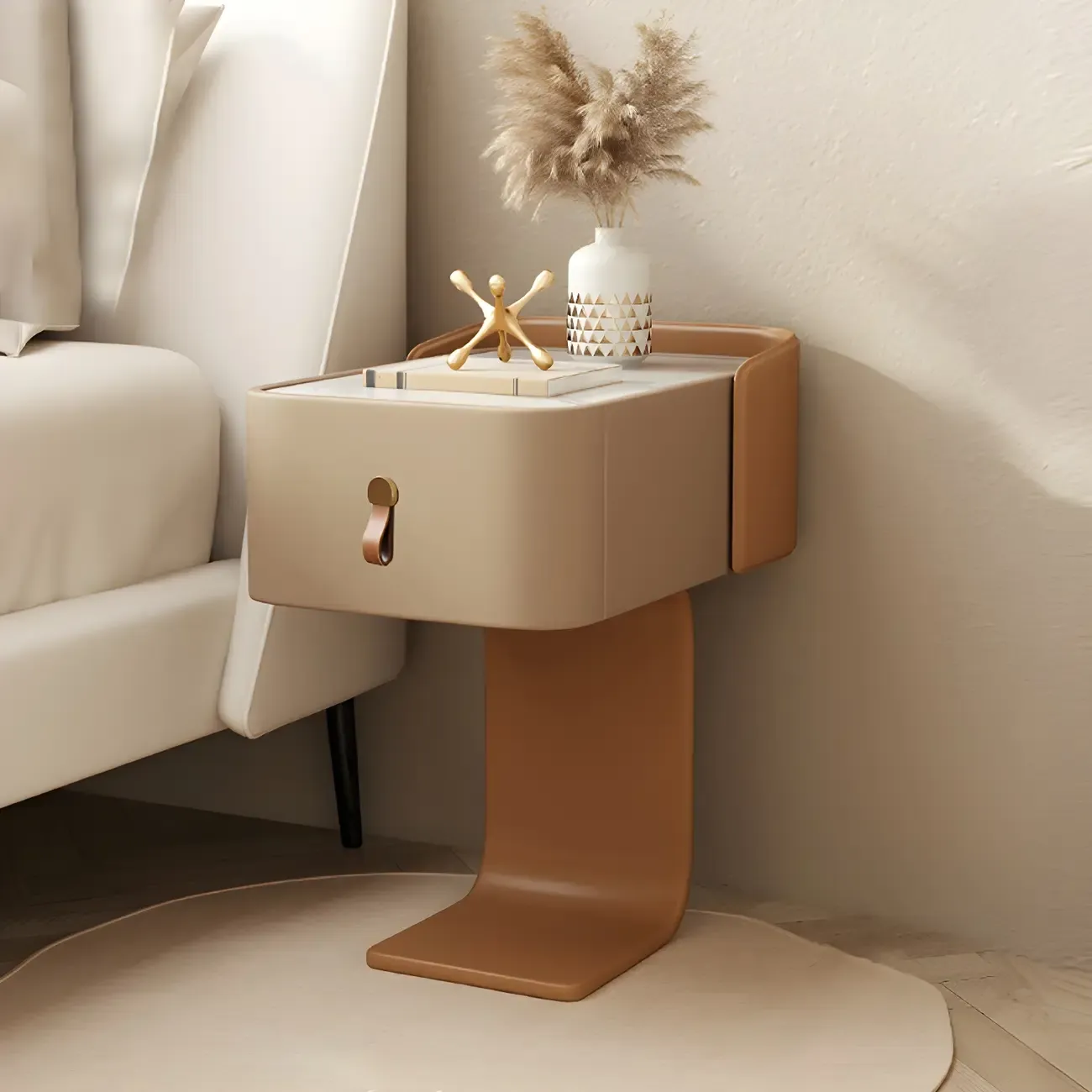 Khaki Stone Top Wood C-Shaped Nightstand with Drawer Image - 7