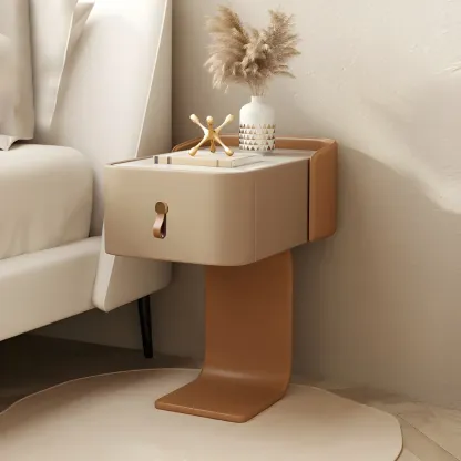 Khaki Stone Top Wood C-Shaped Nightstand with Drawer Image - 7
