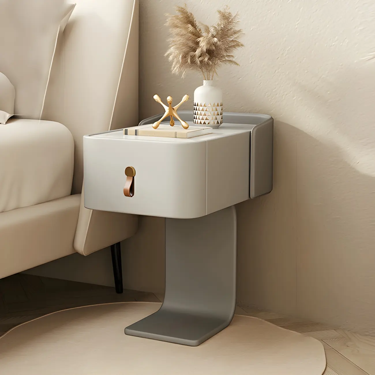 Khaki Stone Top Wood C-Shaped Nightstand with Drawer Image - 9 | homeyfad