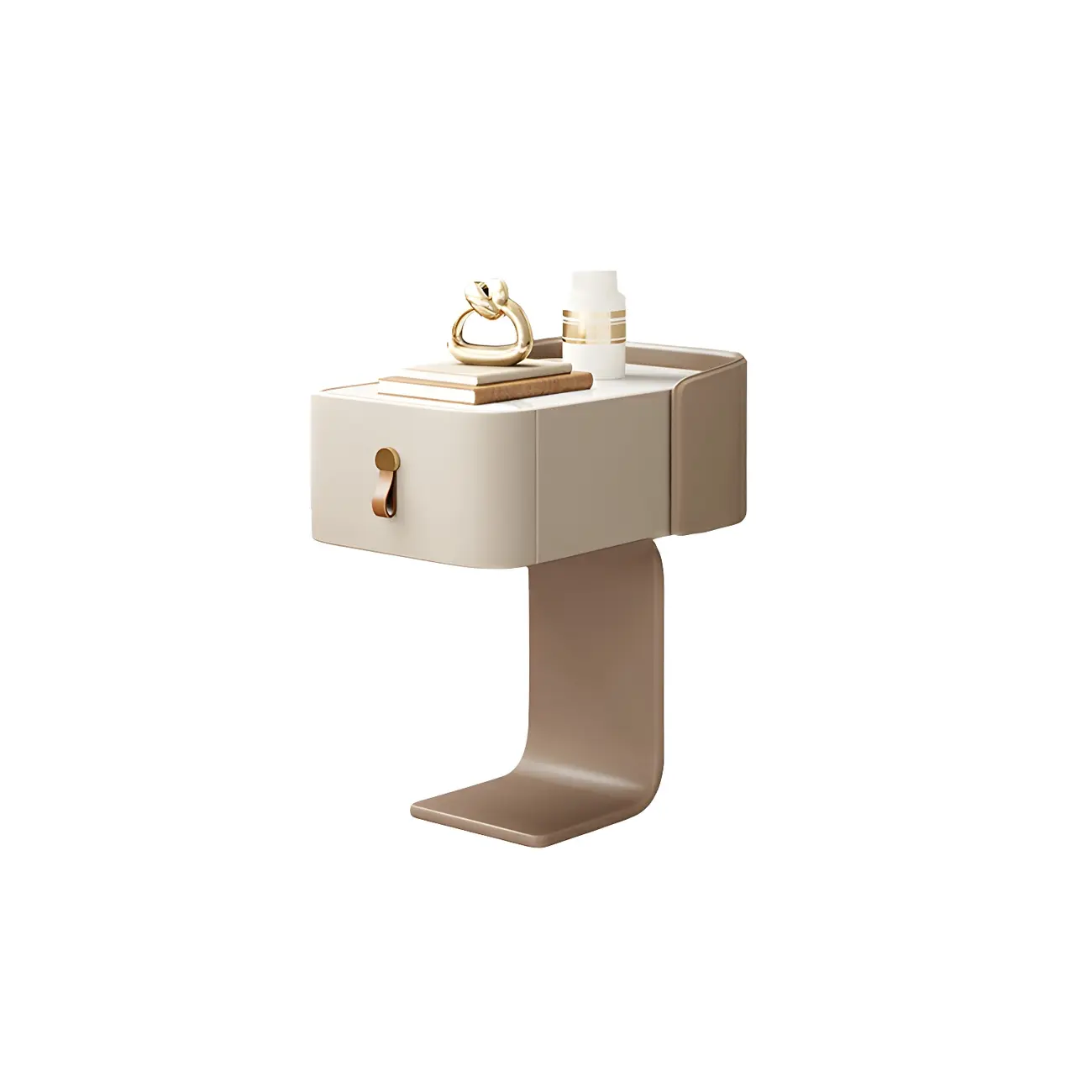 Khaki Stone Top Wood C-Shaped Nightstand with Drawer Image - 10 | homeyfad