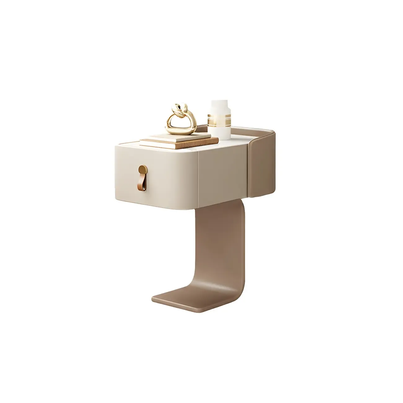 Khaki Stone Top Wood C-Shaped Nightstand with Drawer Image - 10