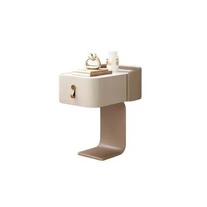 Khaki Stone Top Wood C-Shaped Nightstand with Drawer Image - 10