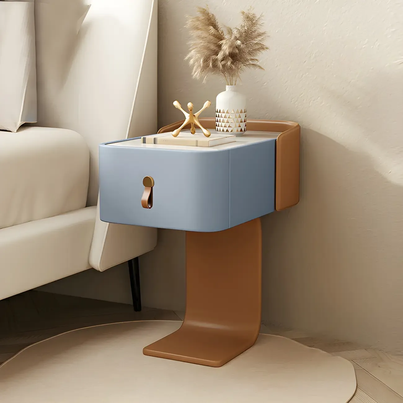 Khaki Stone Top Wood C-Shaped Nightstand with Drawer Image - 11