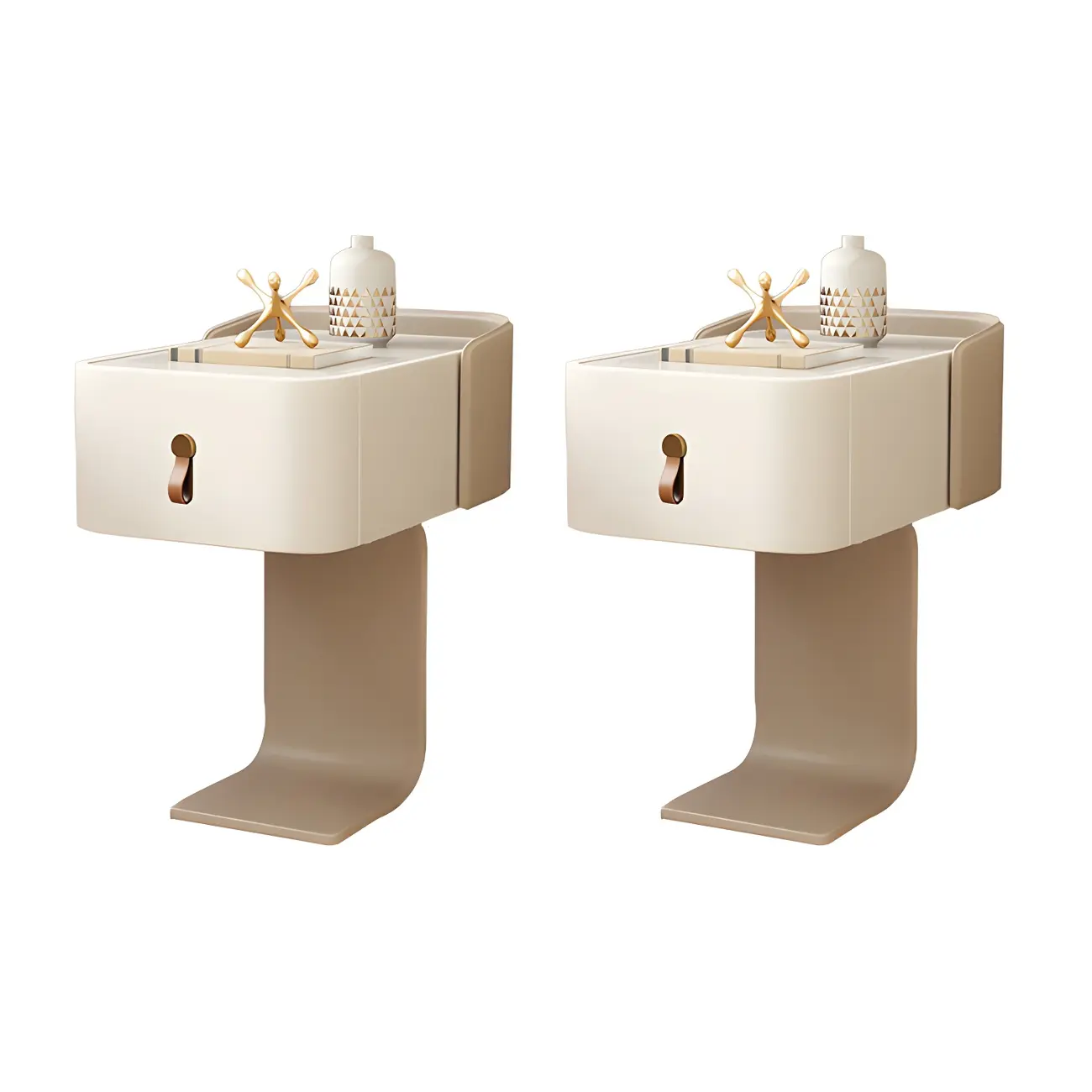 Khaki Stone Top Wood C-Shaped Nightstand with Drawer Image - 13 | homeyfad