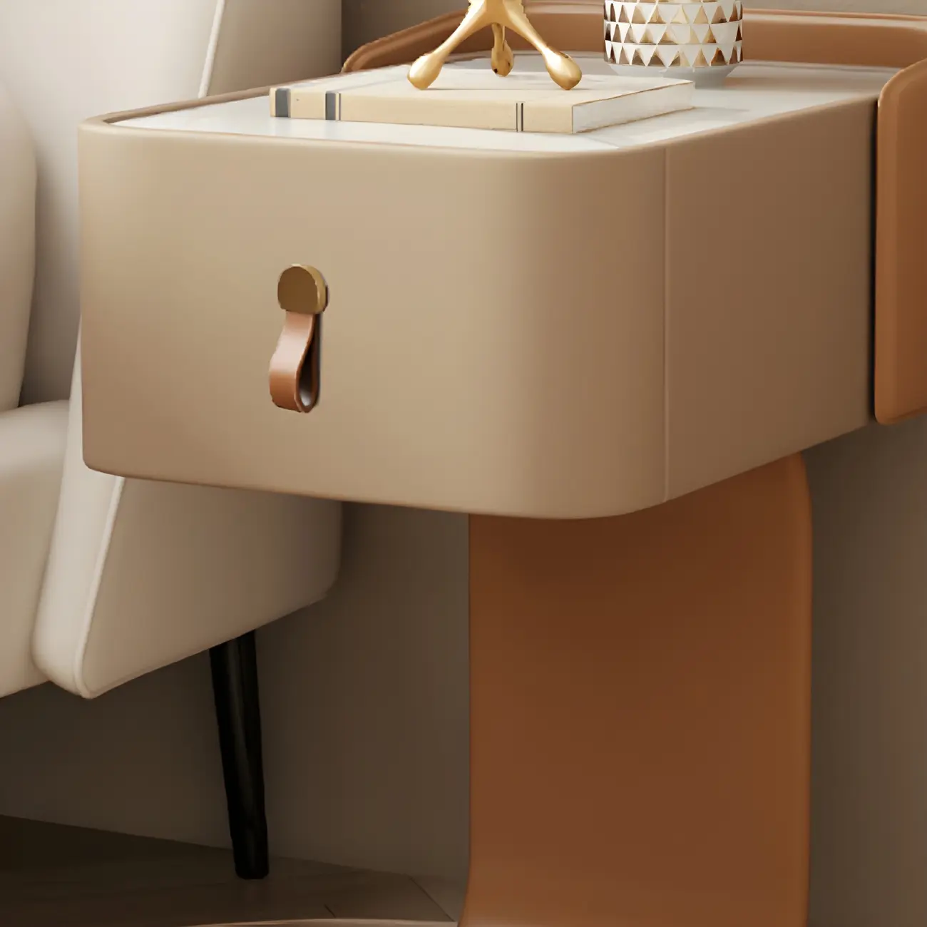 Khaki Stone Top Wood C-Shaped Nightstand with Drawer Image - 14 | homeyfad