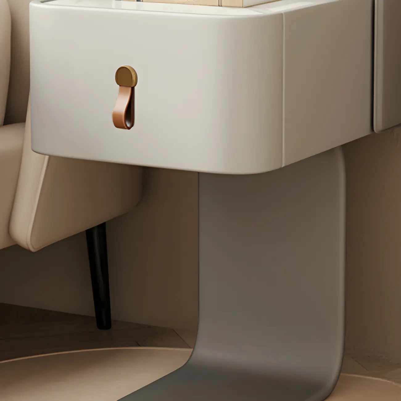 Khaki Stone Top Wood C-Shaped Nightstand with Drawer Image - 15 | homeyfad