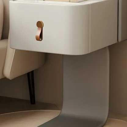 Khaki Stone Top Wood C-Shaped Nightstand with Drawer Image - 15