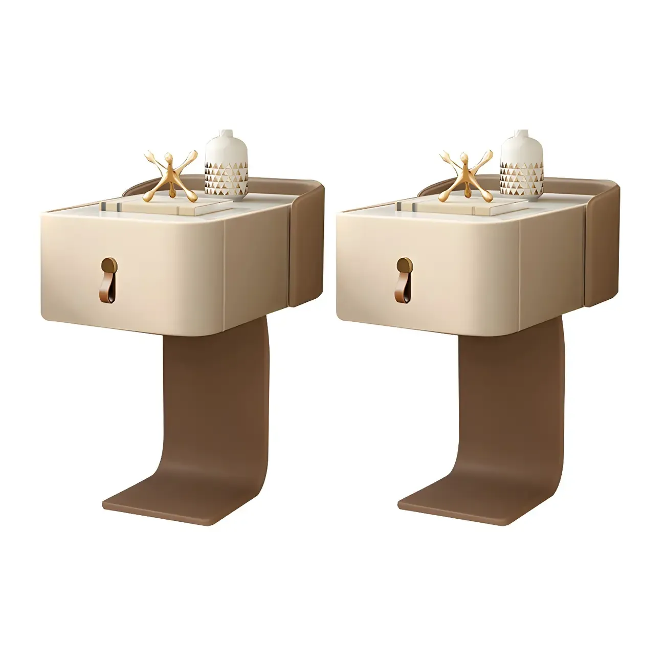 Khaki Stone Top Wood C-Shaped Nightstand with Drawer Image - 16