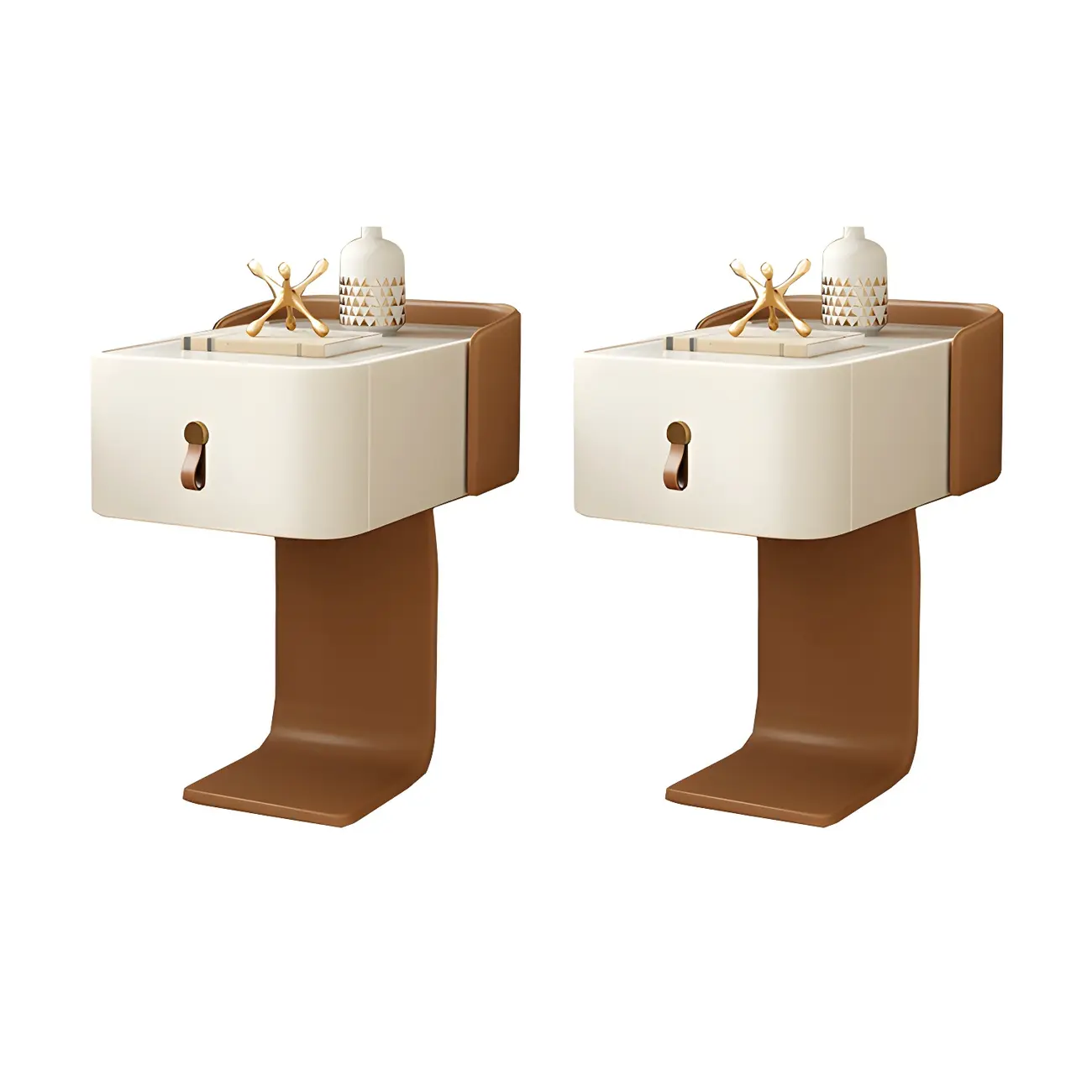 Khaki Stone Top Wood C-Shaped Nightstand with Drawer Image - 17 | homeyfad