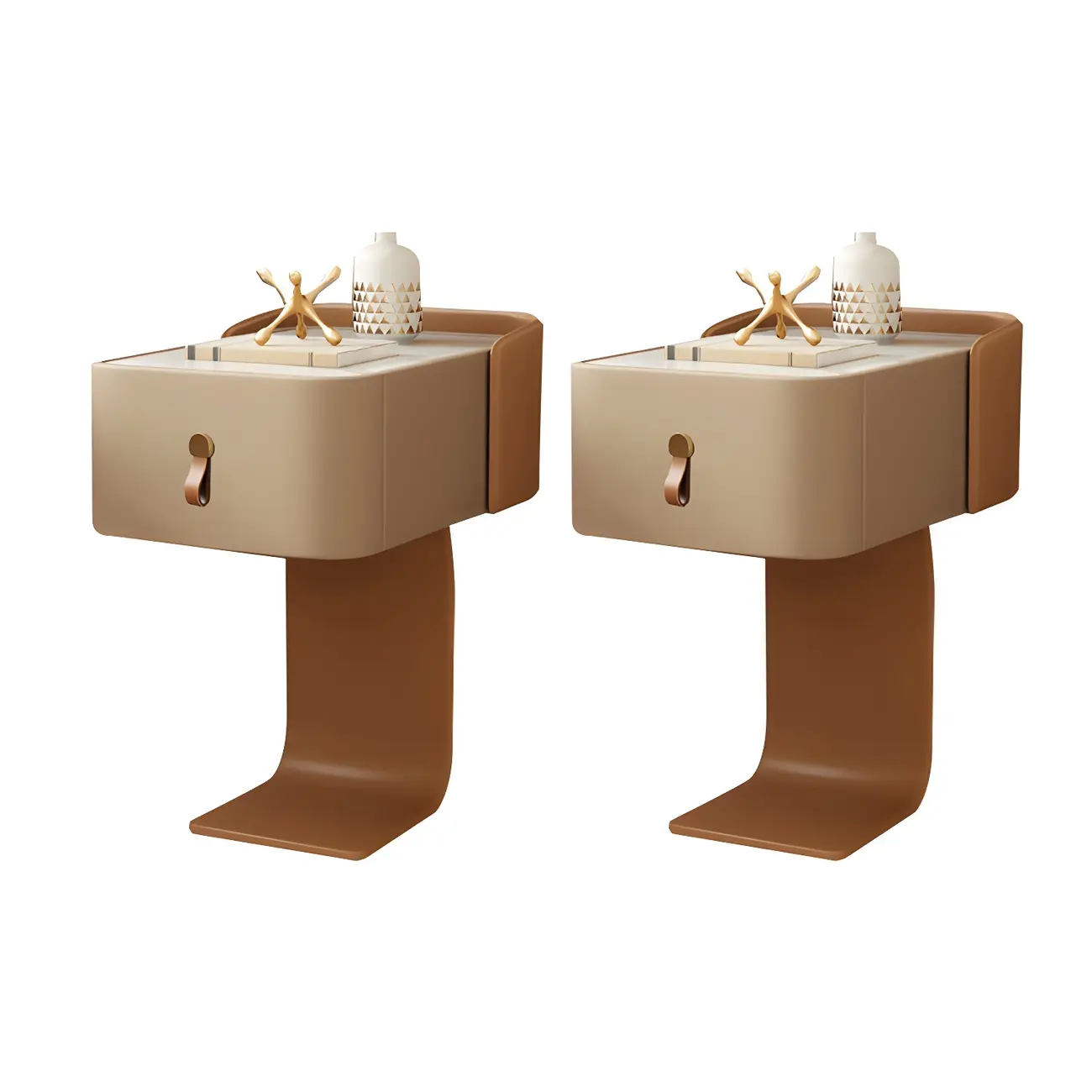 Khaki Stone Top Wood C-Shaped Nightstand with Drawer Image - 18 | homeyfad