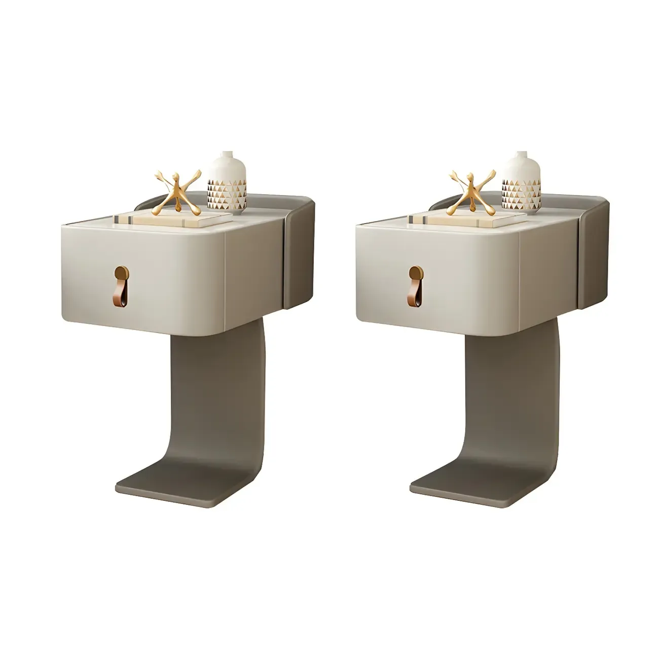 Khaki Stone Top Wood C-Shaped Nightstand with Drawer Image - 19