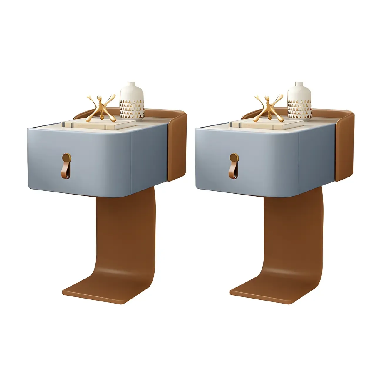 Khaki Stone Top Wood C-Shaped Nightstand with Drawer Image - 20