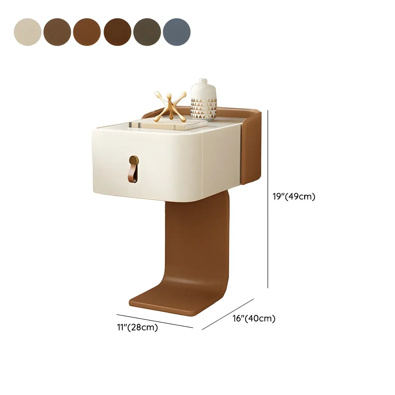 Khaki Stone Top Wood C-Shaped Nightstand with Drawer #size