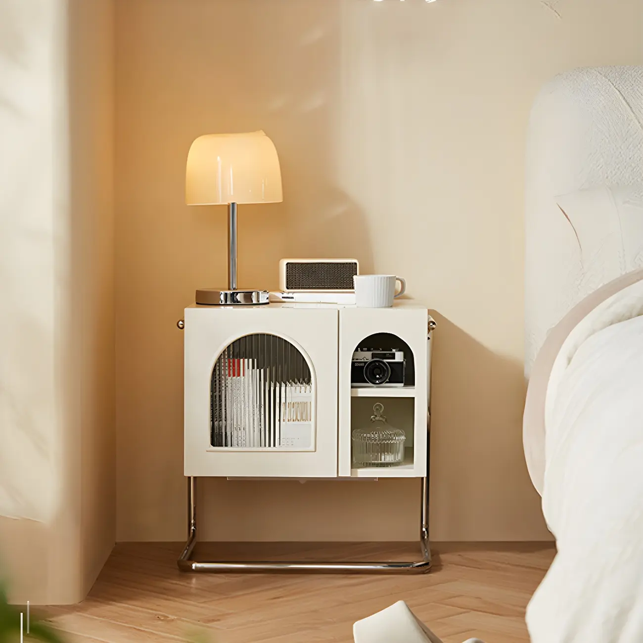 Narrow Cubic Wooden Black Nightstand in Steel Base Image - 13 | homeyfad