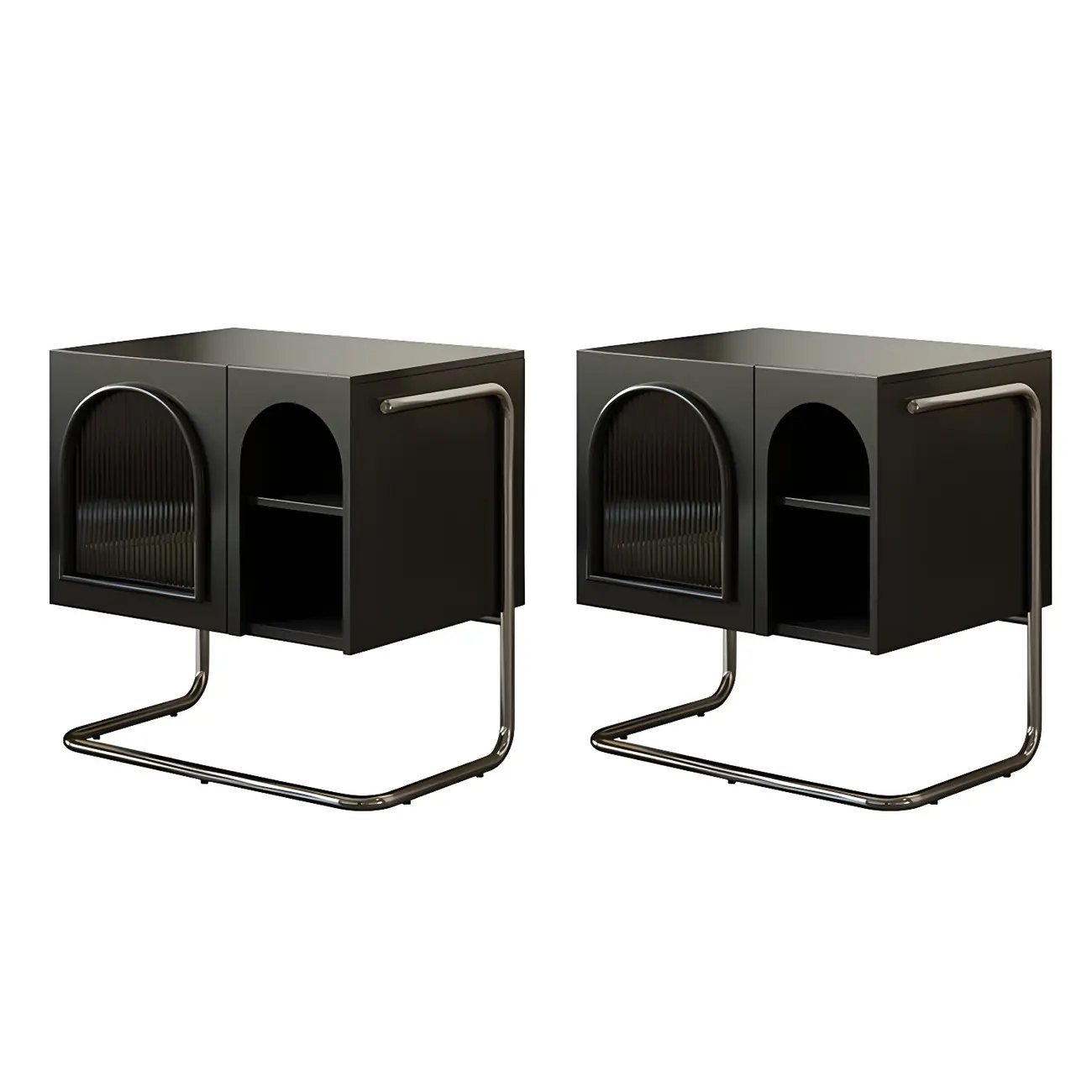 Narrow Cubic Wooden Black Nightstand in Steel Base Image - 10 | homeyfad