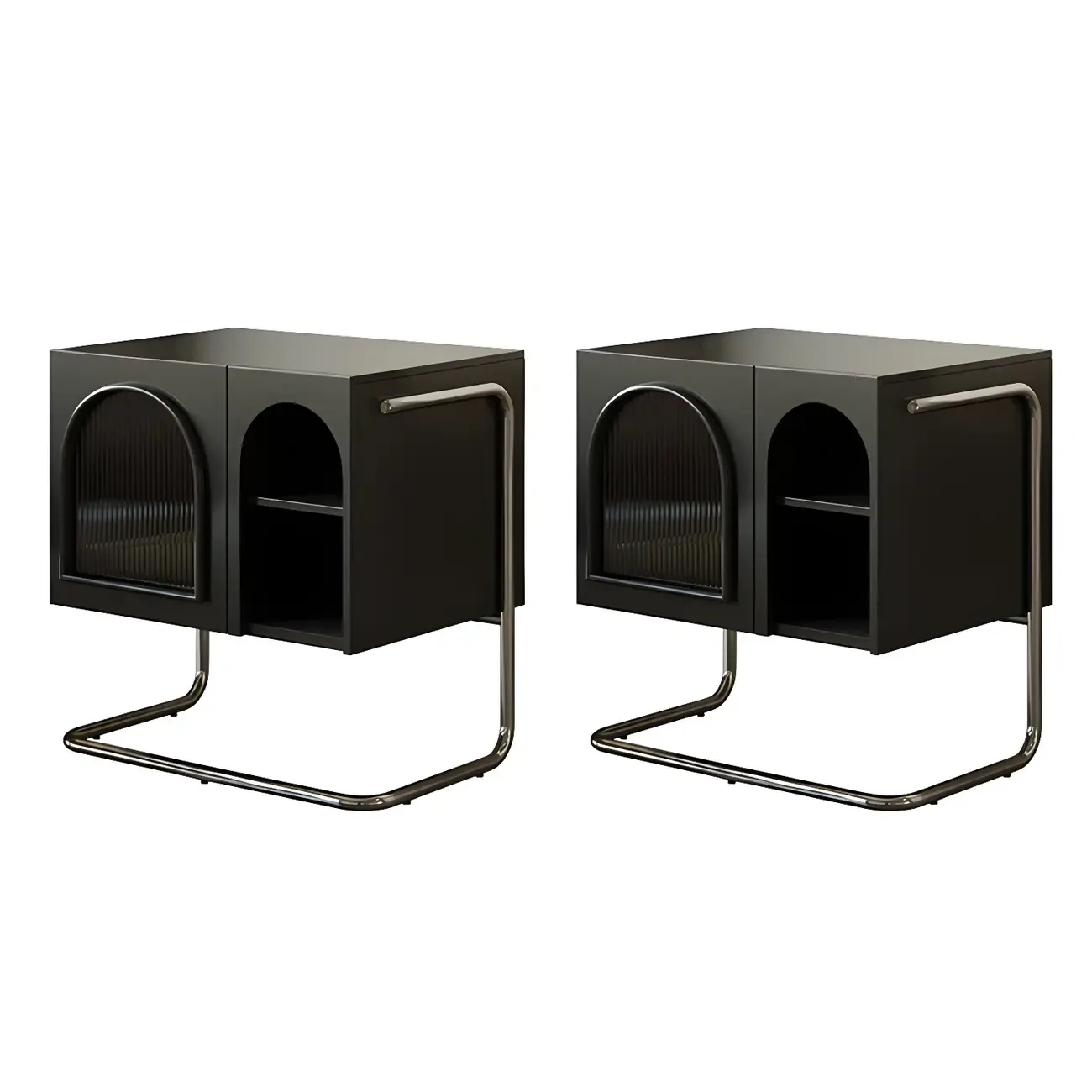 Narrow Cubic Wooden Black Nightstand in Steel Base Image - 10