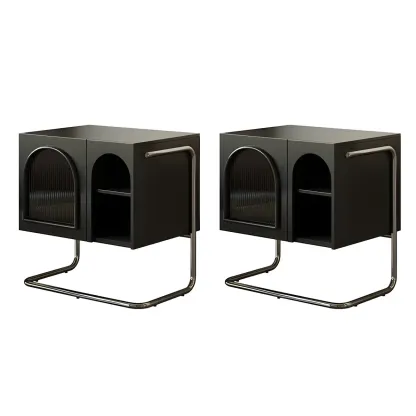 Narrow Cubic Wooden Black Nightstand in Steel Base Image - 10