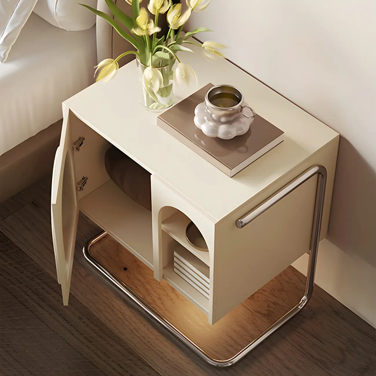 Narrow Cubic Wooden Black Nightstand in Steel Base Image - 2 | homeyfad