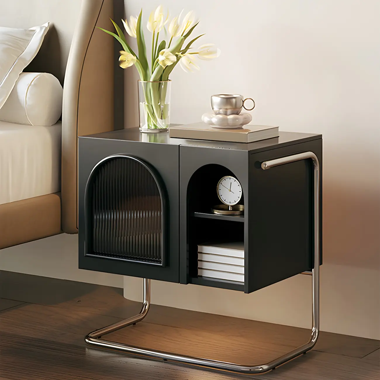 Narrow Cubic Wooden Black Nightstand in Steel Base Image - 1 | homeyfad