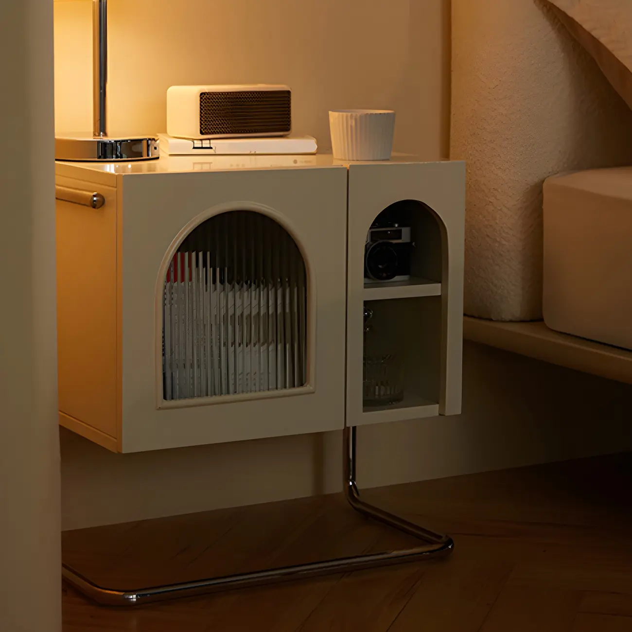 Narrow Cubic Wooden Black Nightstand in Steel Base Image - 3 | homeyfad