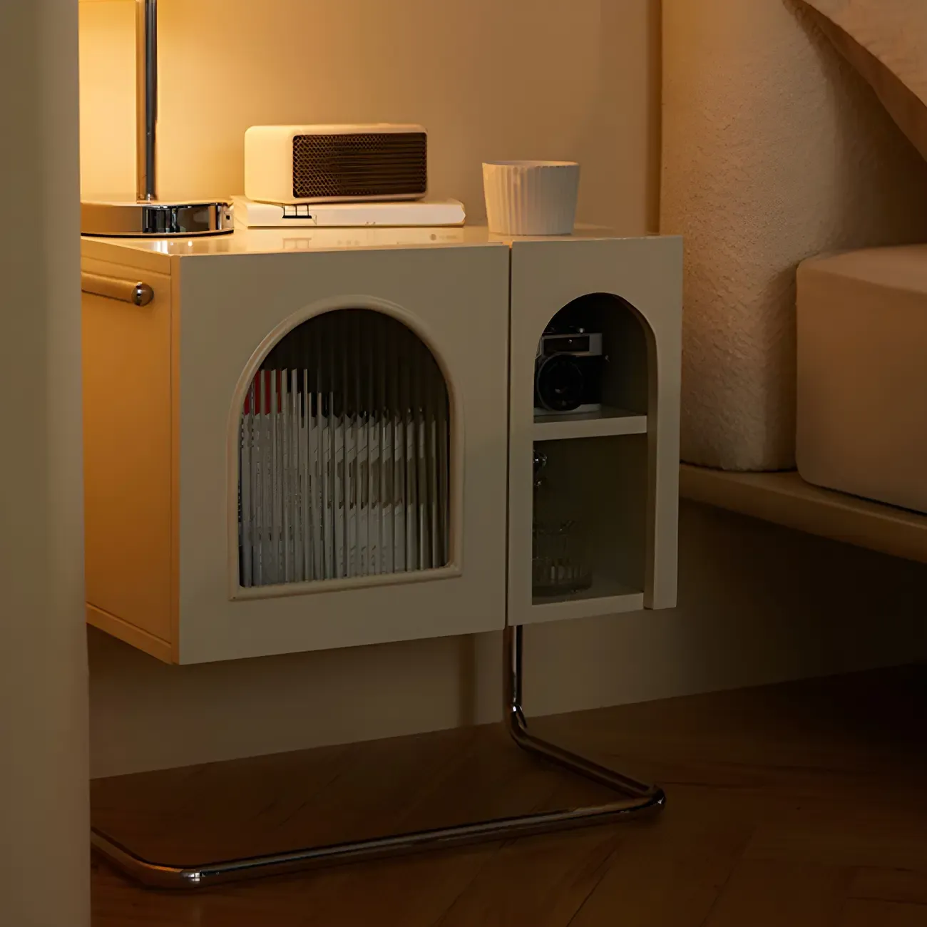 Narrow Cubic Wooden Black Nightstand in Steel Base Image - 3