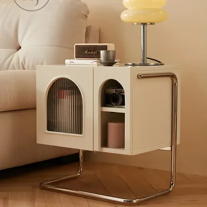 Narrow Cubic Wooden Black Nightstand in Steel Base Image - 5