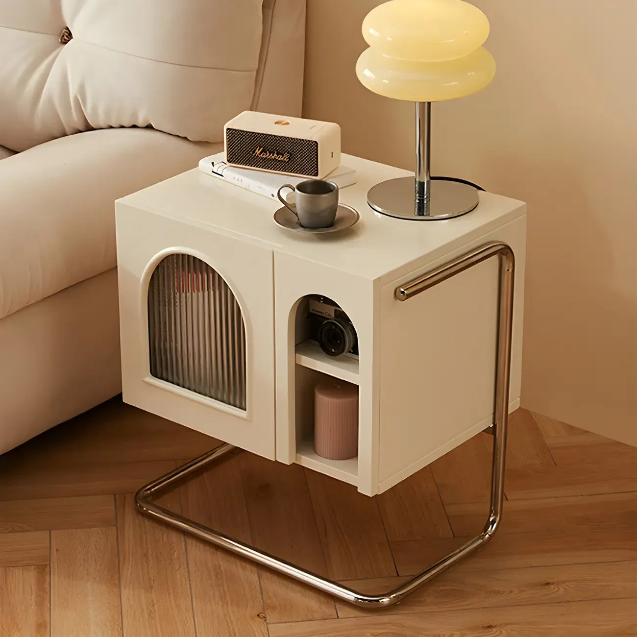 Narrow Cubic Wooden Black Nightstand in Steel Base Image - 6