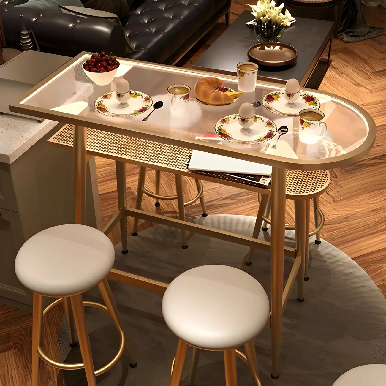 Compact Clear Glass Gold Metal Shelf Free Form Bar Tables Image - 2 | homeyfad