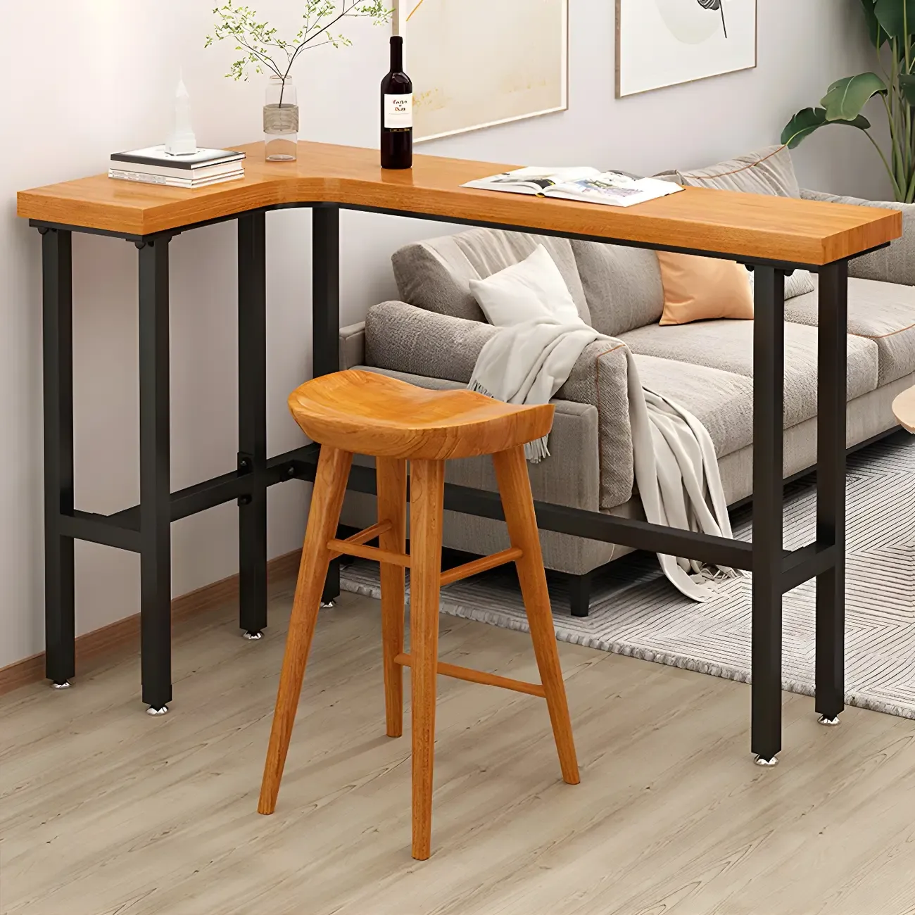 Modern L-Shape Natural Wood Metal Trestle Bar Tables Image - 1
