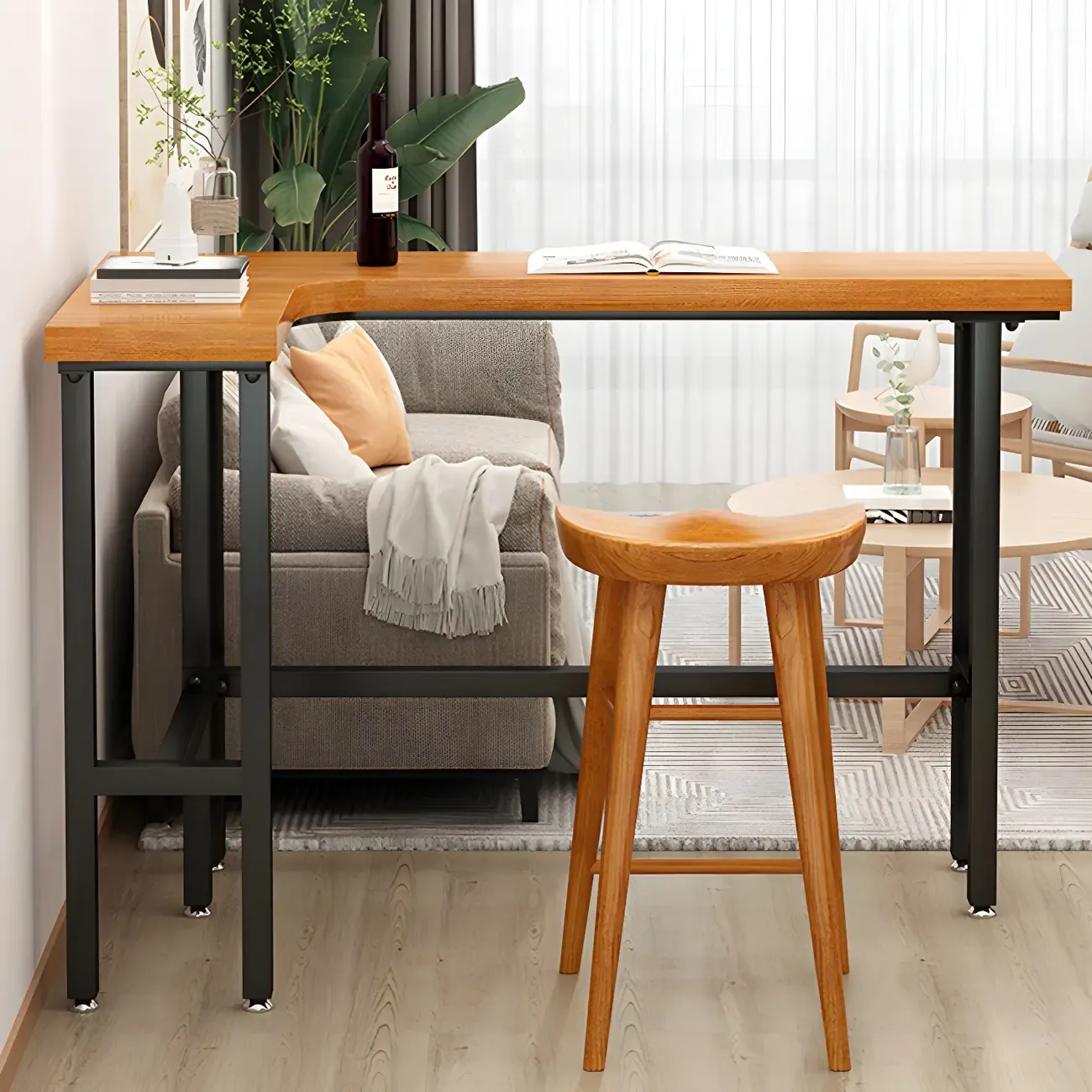 Modern L-Shape Natural Wood Metal Trestle Bar Tables Image - 2