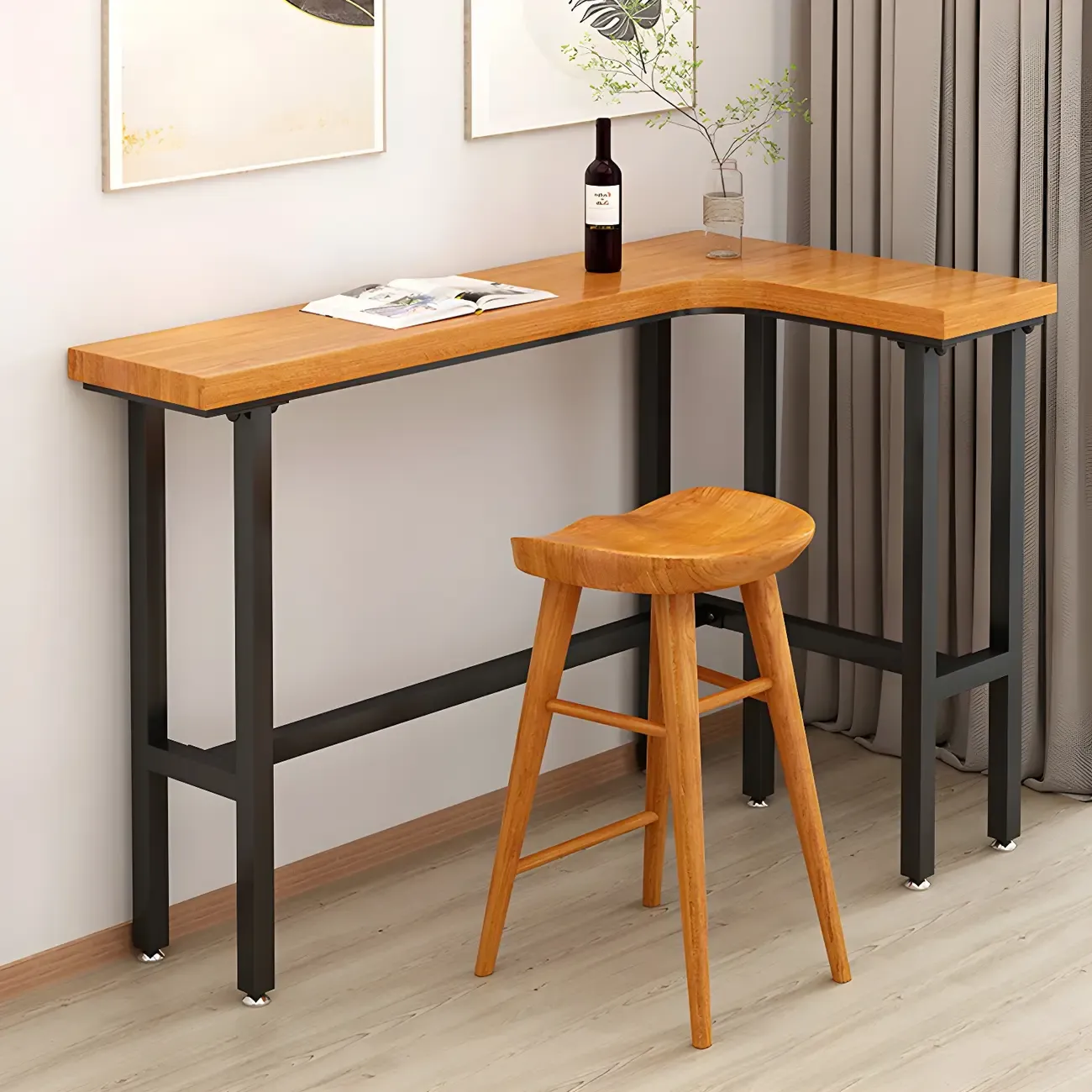 Modern L-Shape Natural Wood Metal Trestle Bar Tables Image - 3