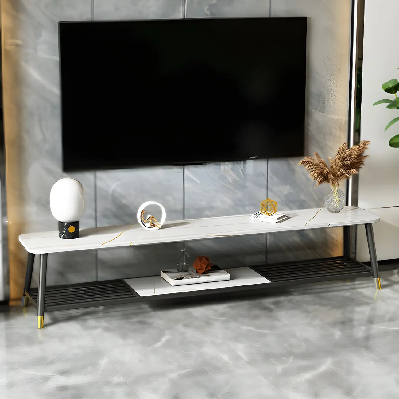 Minimalist Stone TV Stand with Open Shelving for Living Room Image - 1 | homeyfad