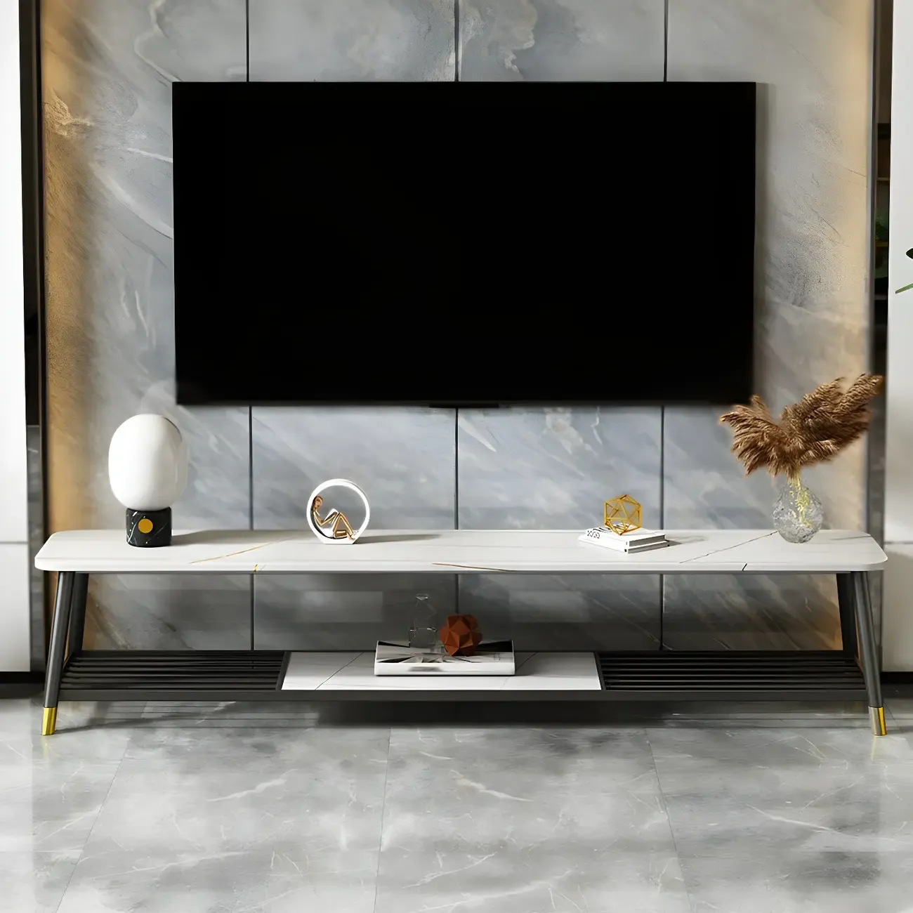 Minimalist Stone TV Stand with Open Shelving for Living Room Image - 3