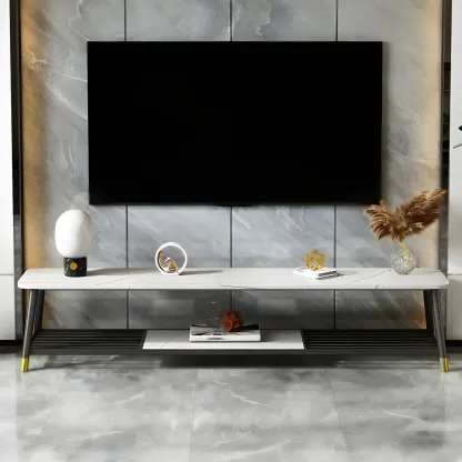 Minimalist Stone TV Stand with Open Shelving for Living Room Image - 3