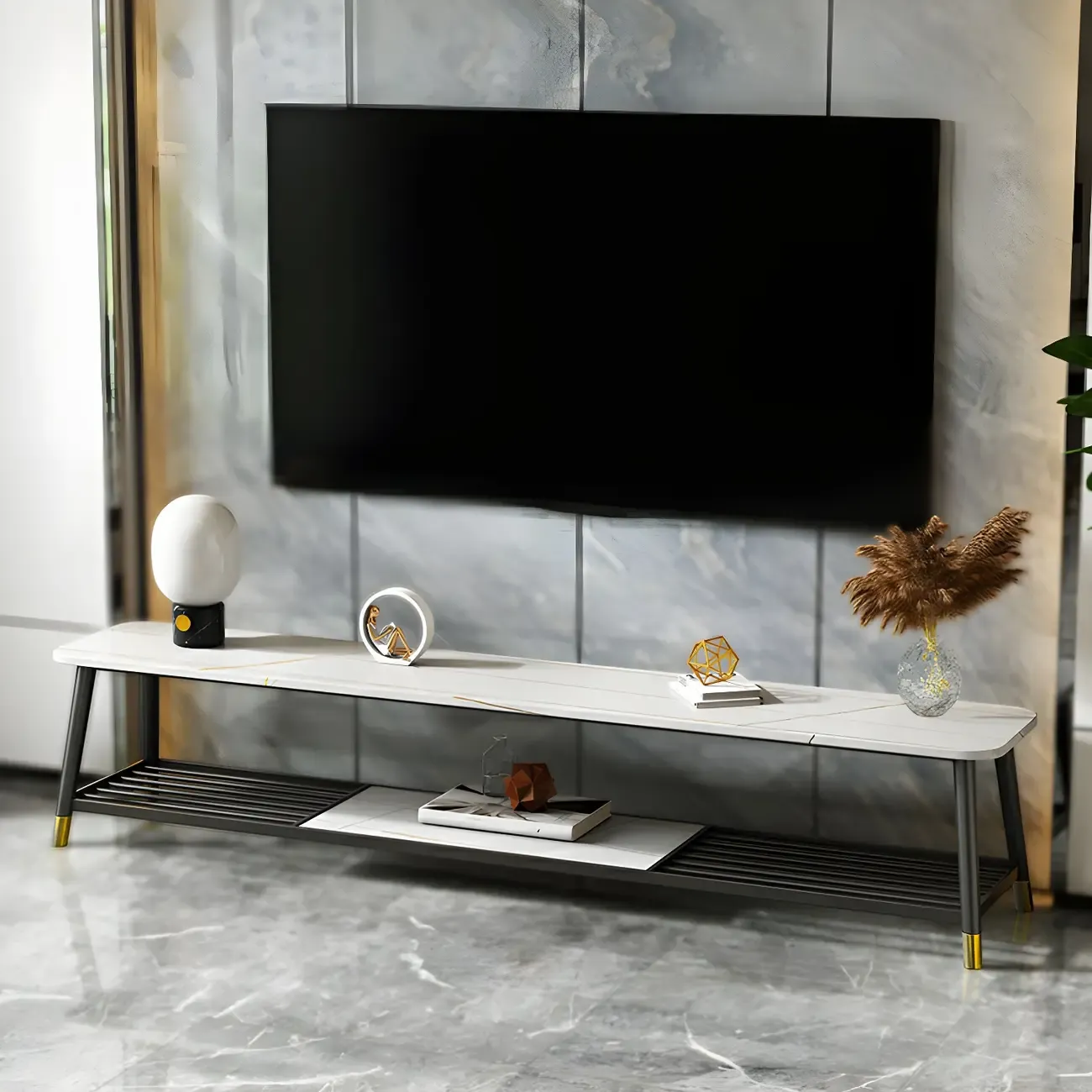 Minimalist Stone TV Stand with Open Shelving for Living Room Image - 4