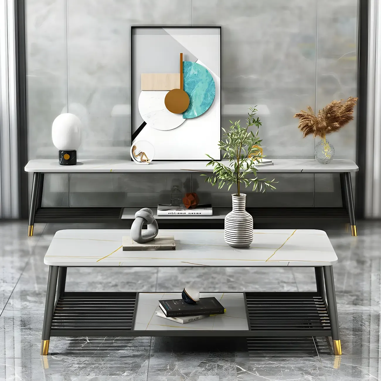 Minimalist Stone TV Stand with Open Shelving for Living Room Image - 5