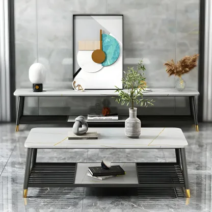 Minimalist Stone TV Stand with Open Shelving for Living Room Image - 5