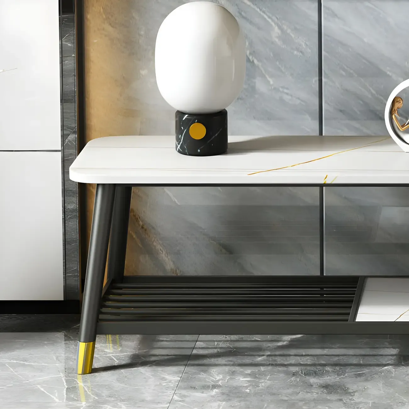 Minimalist Stone TV Stand with Open Shelving for Living Room Image - 8
