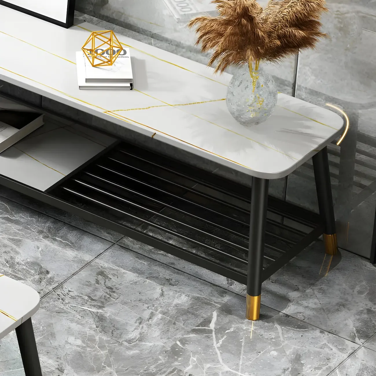 Minimalist Stone TV Stand with Open Shelving for Living Room Image - 9
