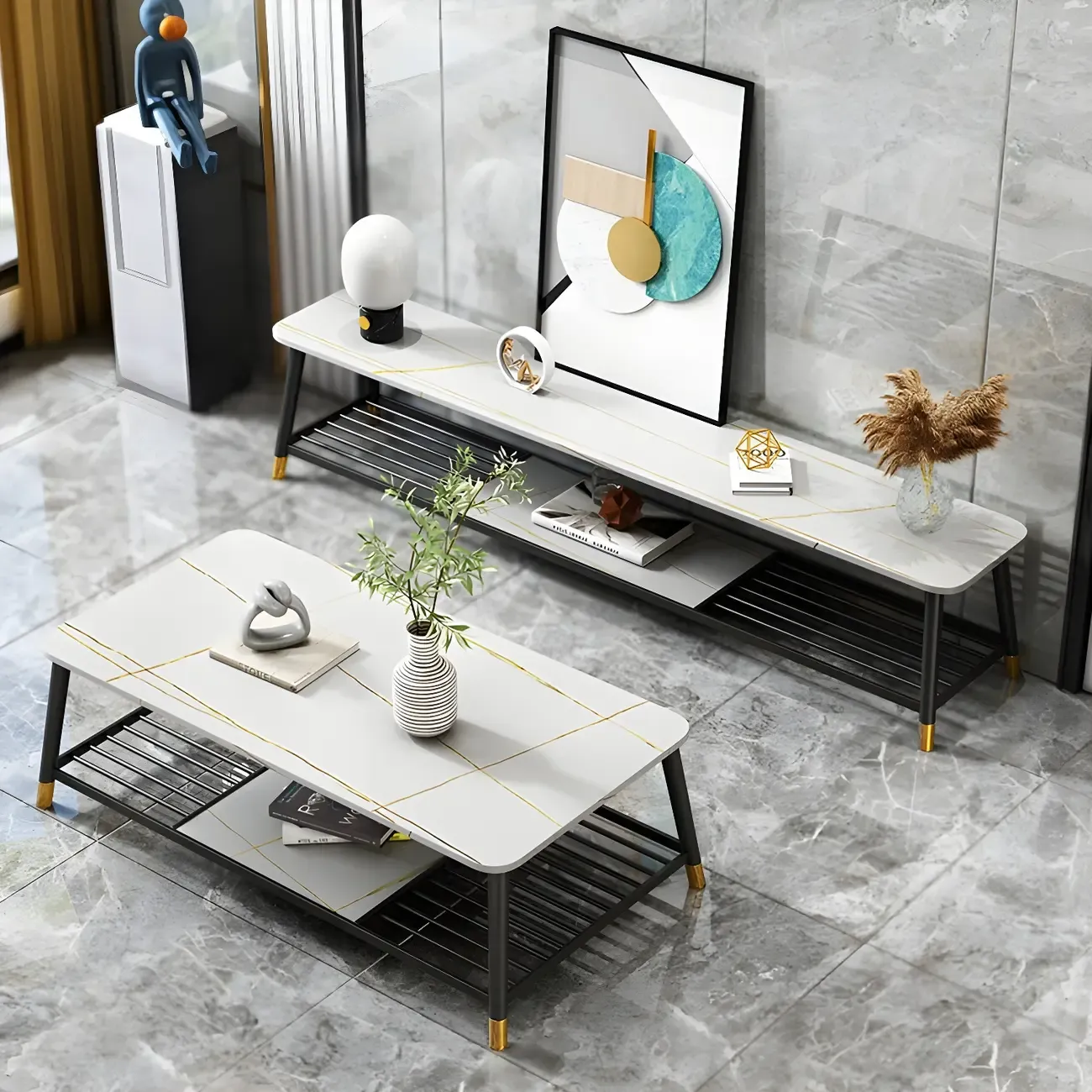 Minimalist Stone TV Stand with Open Shelving for Living Room Image - 10