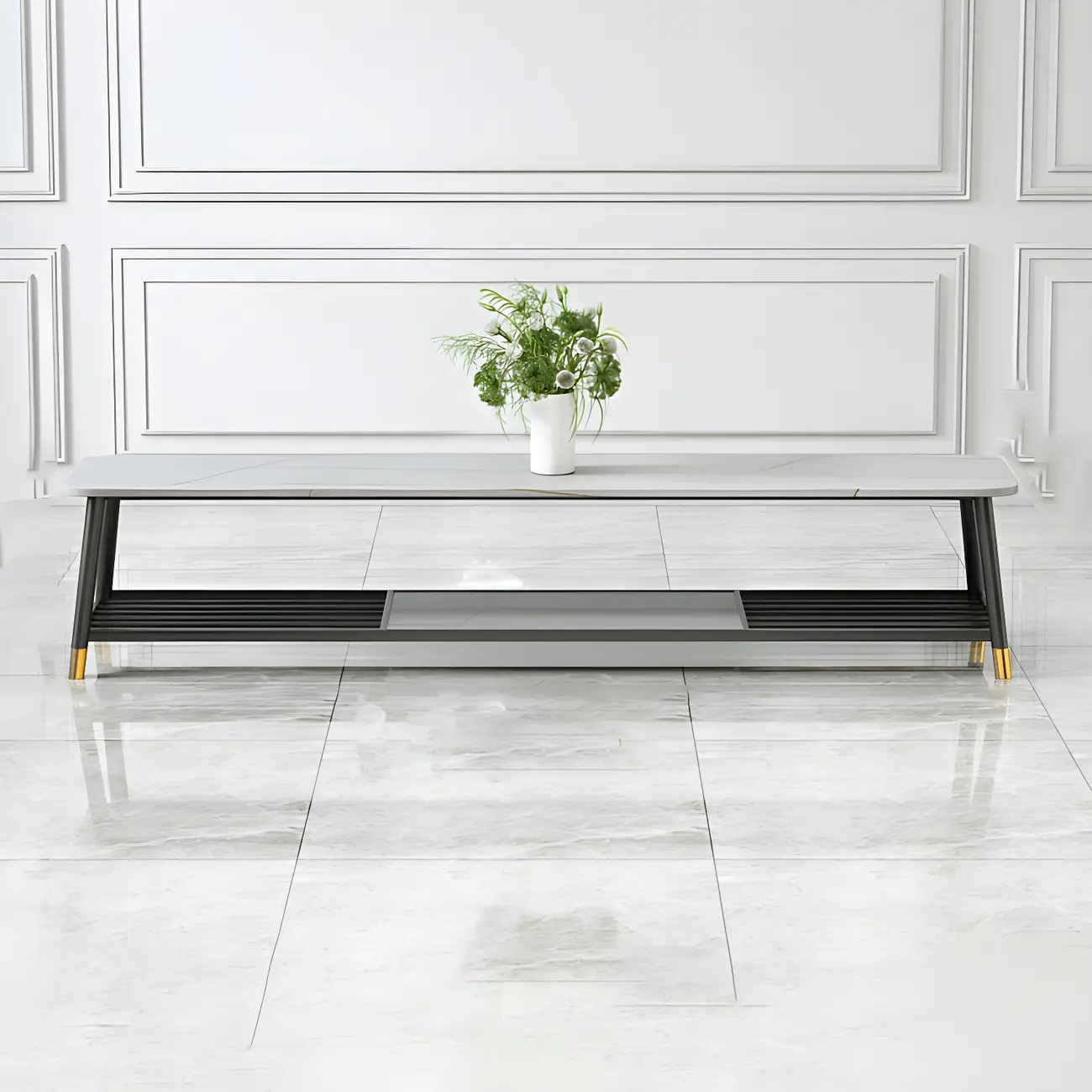 Minimalist Stone TV Stand with Open Shelving for Living Room Image - 11 | homeyfad