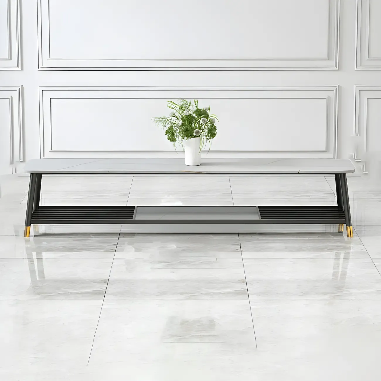 Minimalist Stone TV Stand with Open Shelving for Living Room Image - 11
